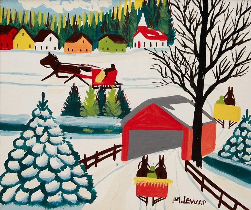 Maud Kathleen Lewis (1903-1970) - Winter Sleigh Scene with Covered Bridge