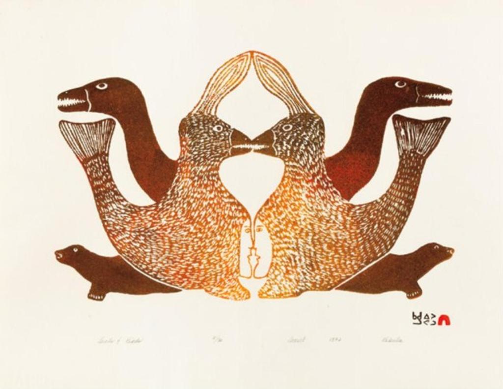 Kakulu Saggiaktuk (1940) - Seal and Birds, 1972 (Dorset Series), stonecut, 21/50, 17.5 x 22.5 in, 44.5 x 57.1 cm