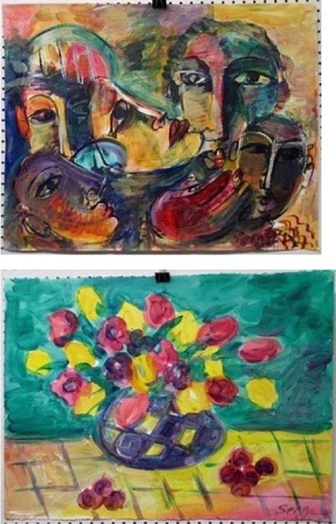 Serge Deherian (1955) - Untitled (Faces) & (Still Life - Flowers & Cherries)