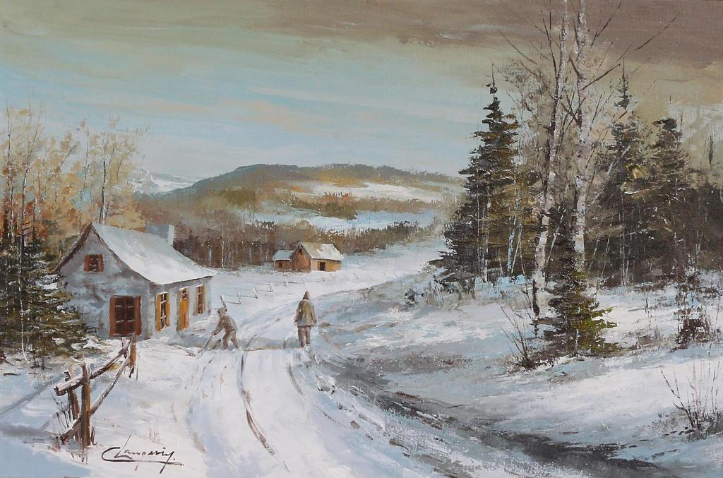 Claude Langevin (1942) - Winter Scene, Rural Quebec