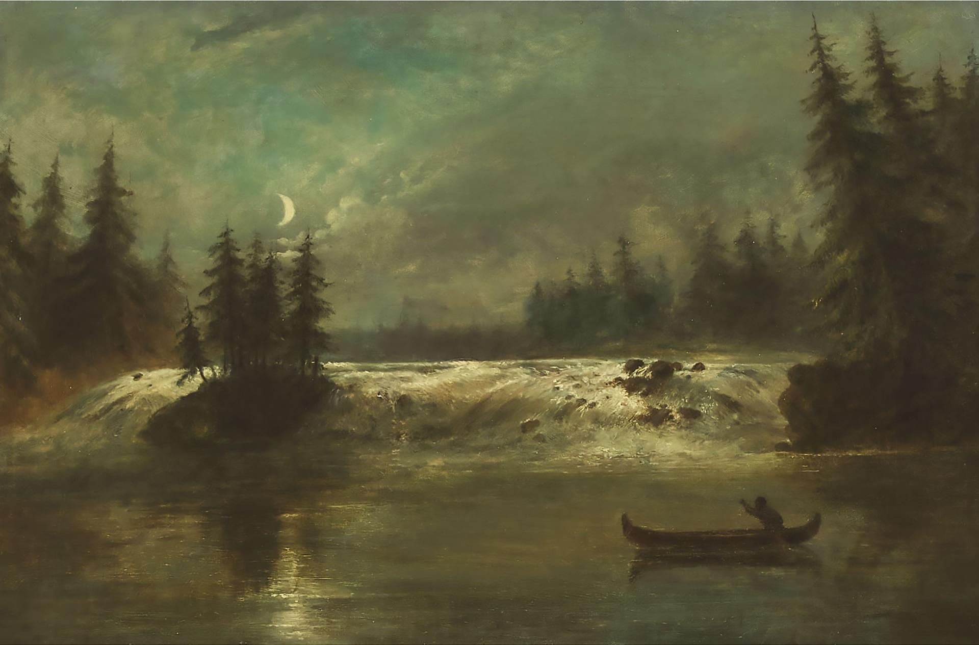 Cornelius David Krieghoff (1815-1872) - Moonlight On The Rapids
