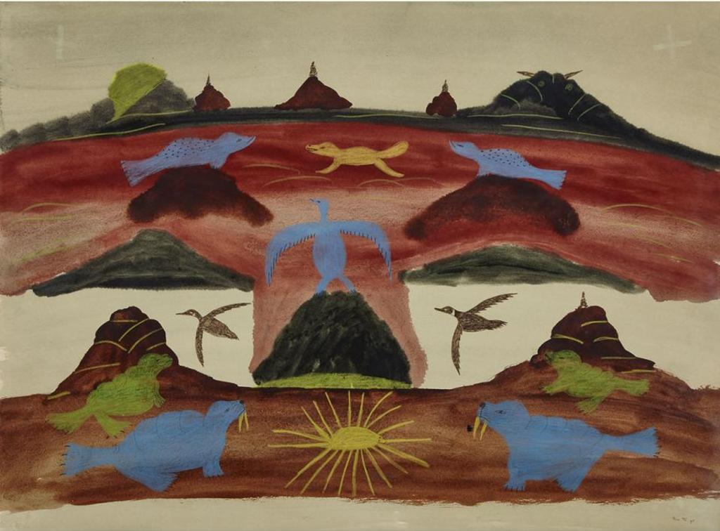 Napatchie Pootoogook (1938-2002) - Untitled (Landscape With Arctic Animals)