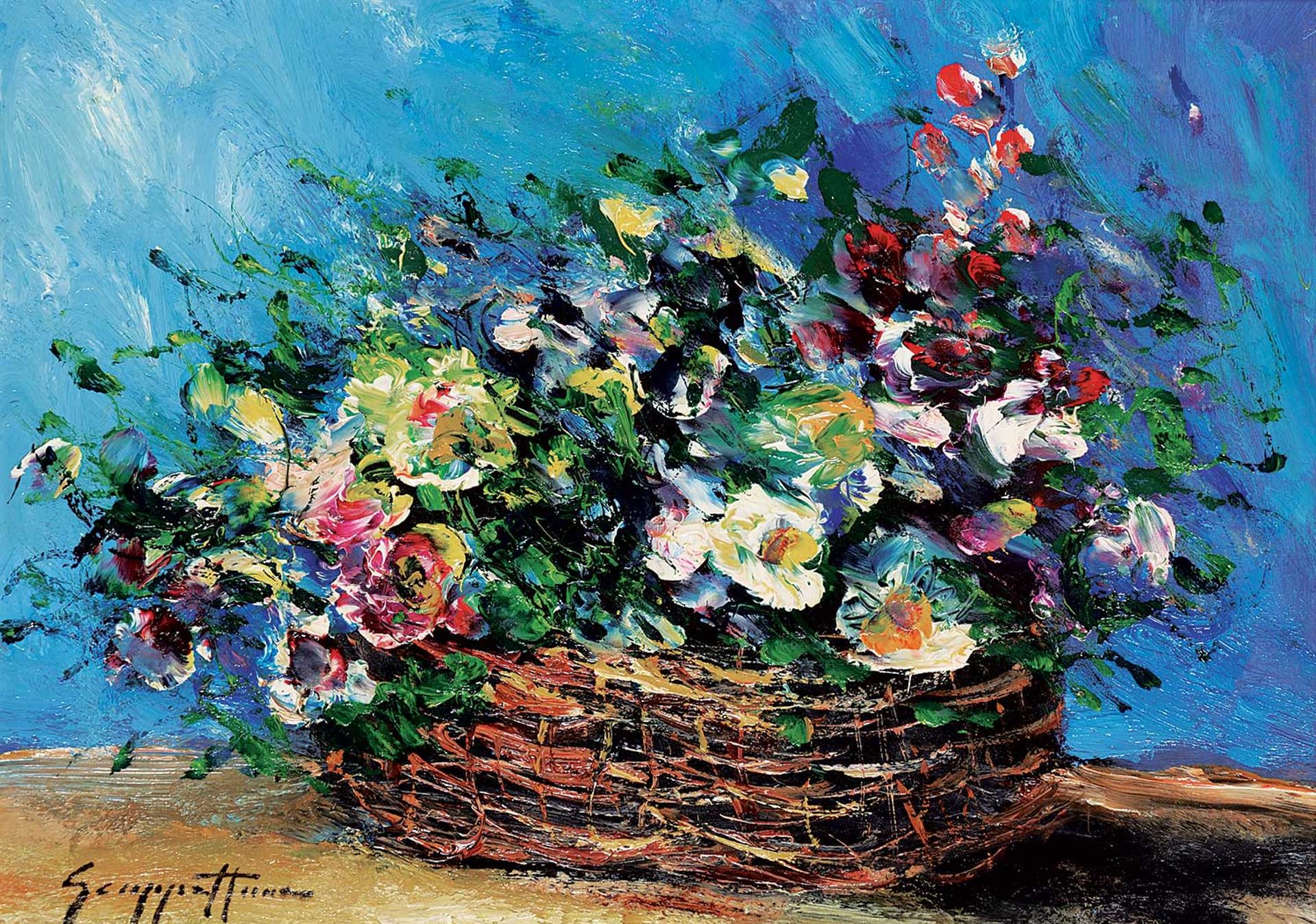 Scuppattinoo - Untitled - Floral Basket with Blue Background