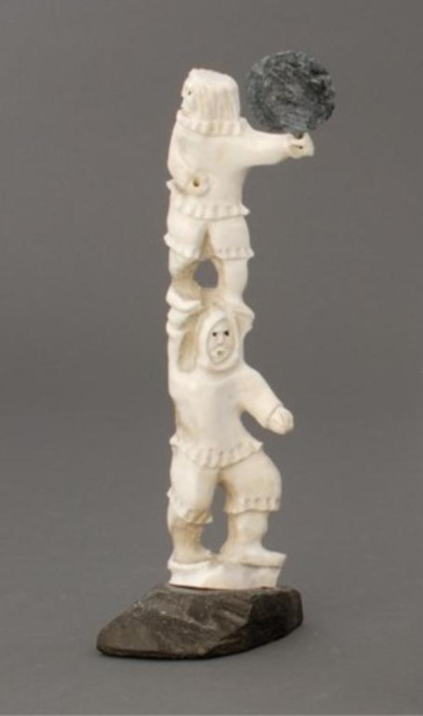 Guyasee Veevee (1952) - Carved bone model of drum dancer standing atop anothers head