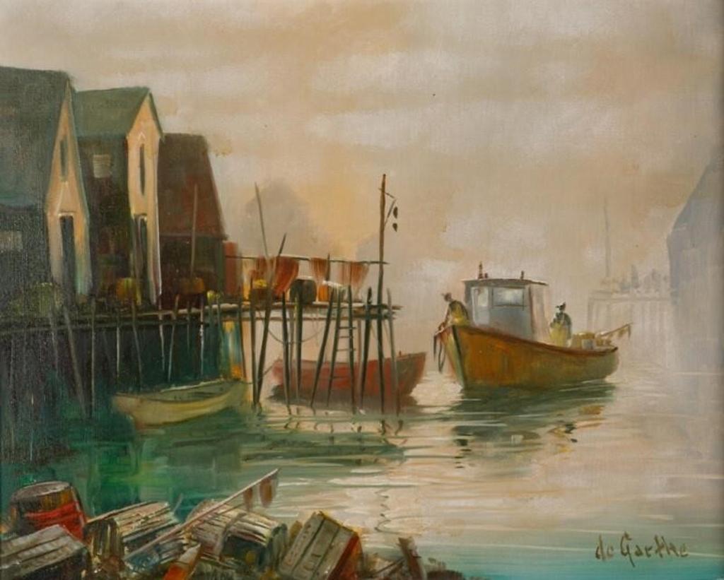 William Edward de Garthe (1907-1983) - Misty Harbour Scene with Fishing Boat