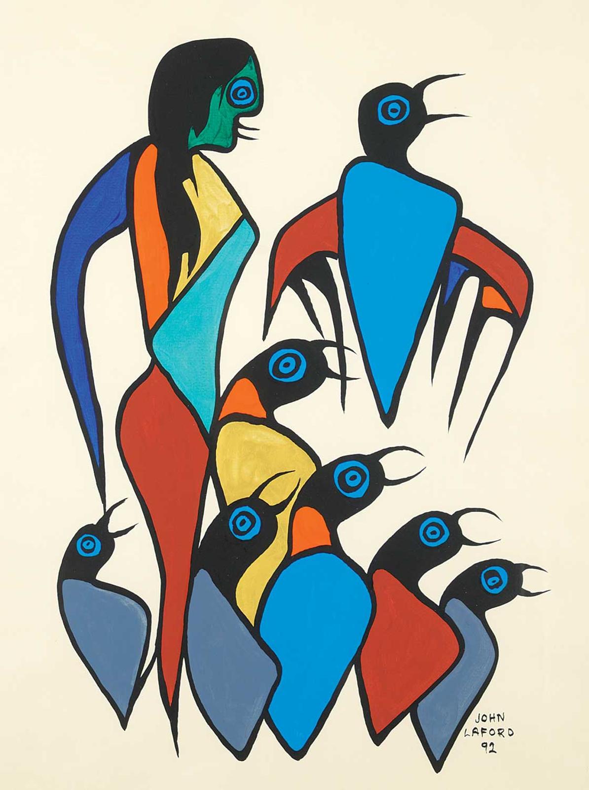 John Eric Laford (1954) - Untitled - Figure and Seven Birds