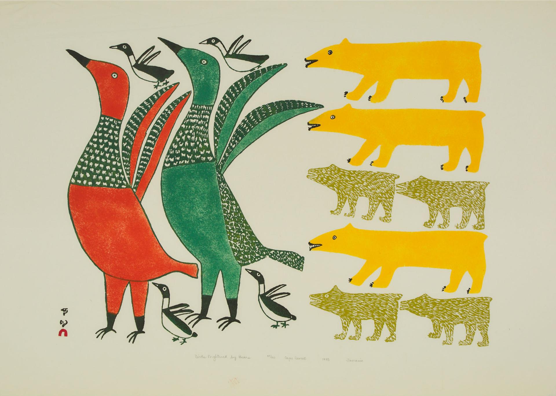 Jamasie Teevee (1910-1985) - Birds Frightened By Bears, 1973