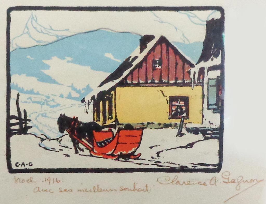 Clarence Alphonse Gagnon (1881-1942) - 1916 Christmas card. Horse-drawn sleigh in winter