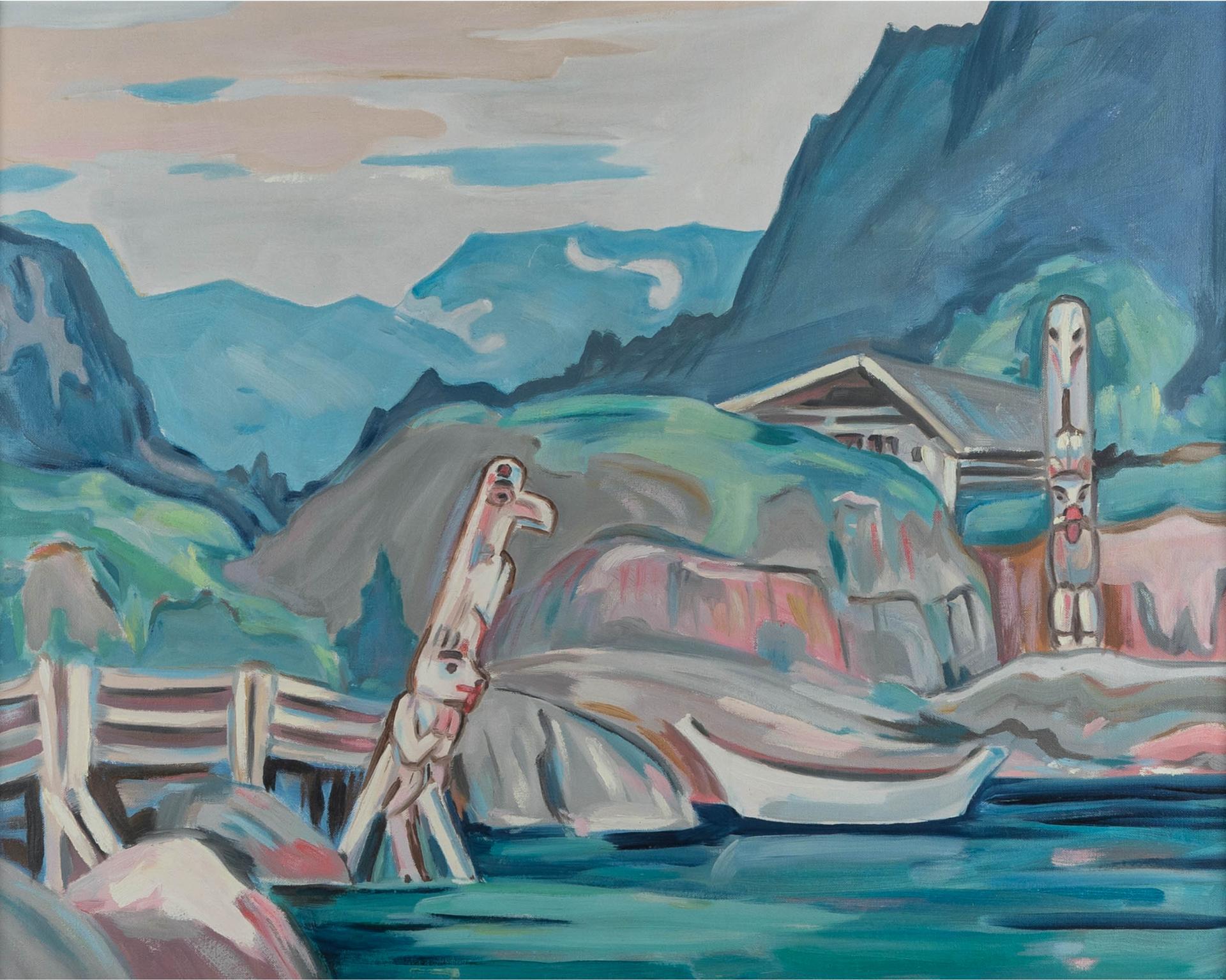 Mildred Valley Thornton (1890-1967) - Totem And Village, Coastal Bc, Circa 1955