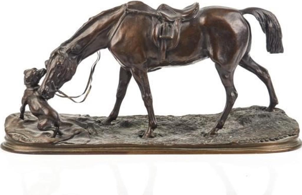 Pierre-Jules Mene (1810-1879) - Bronze sculpture of a horse and dog. Signed to base P.J. Mene