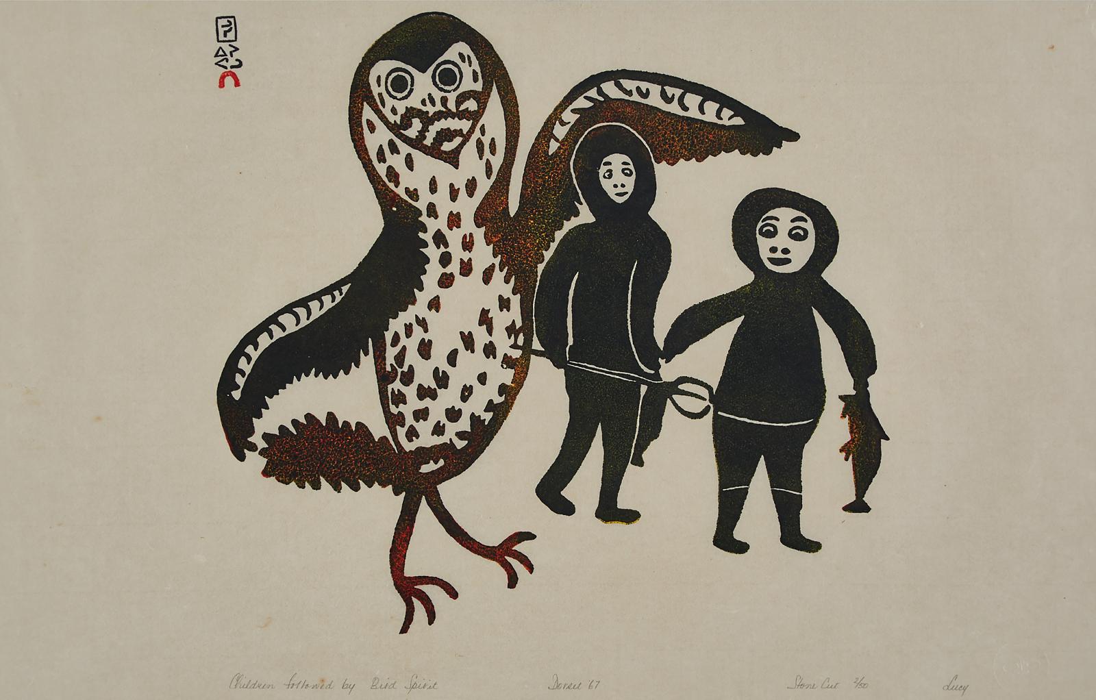 Lucy Qinnuayuak (1915-1982) - Children Followed By Bird Spirit