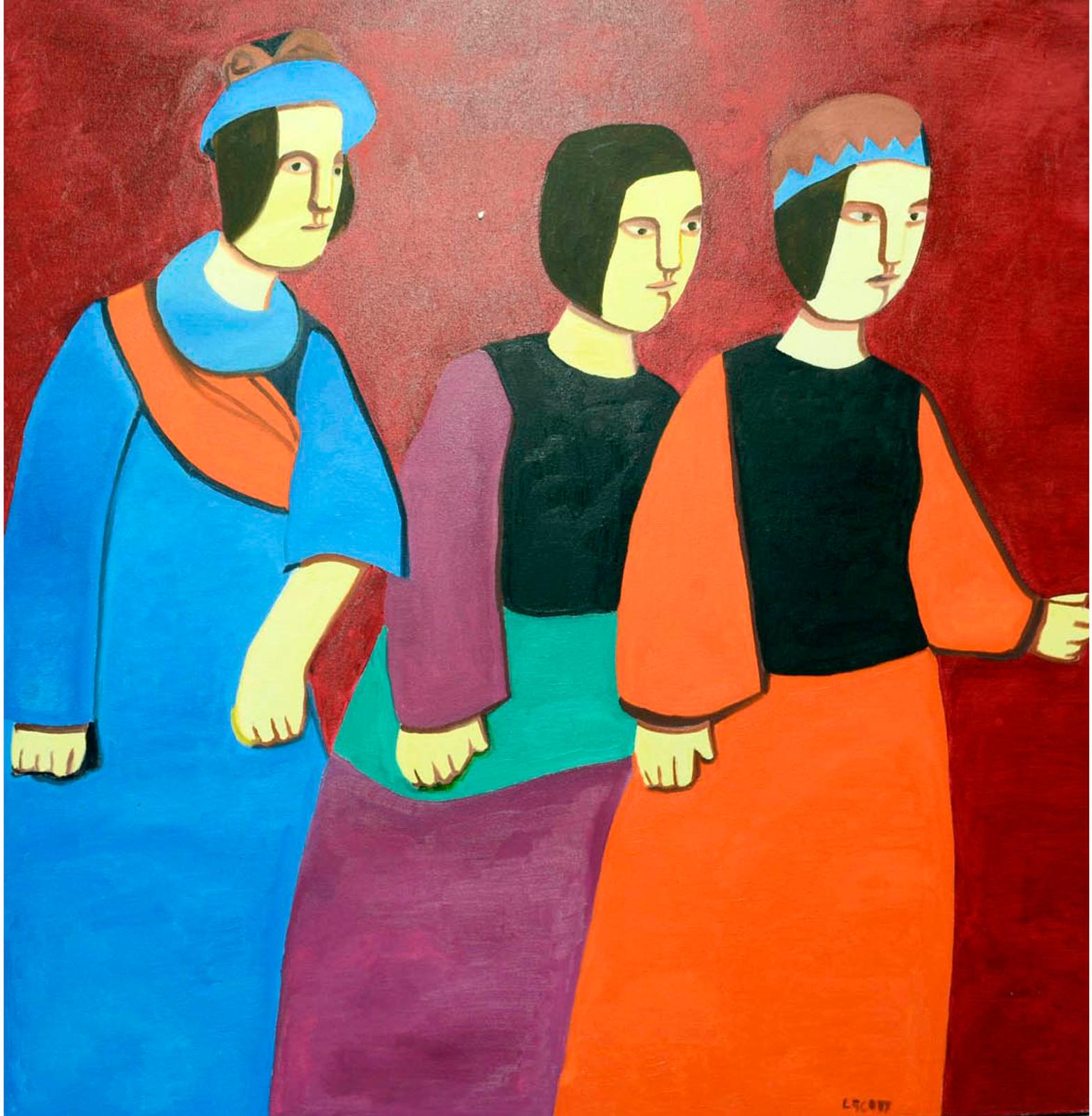 Louise Scott (1936-2007) - Three figures before a crimson ground