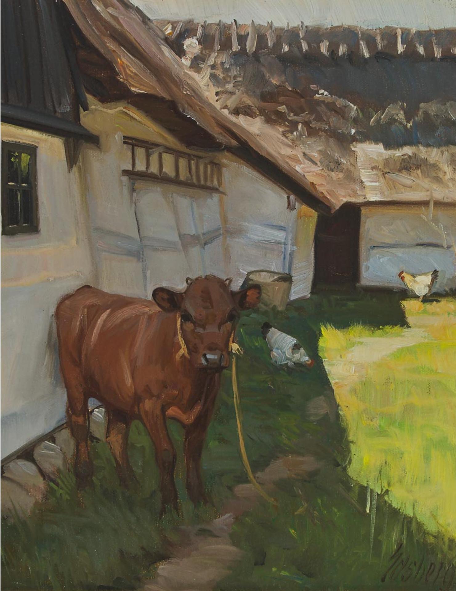 Knud Edsberg (1911-2003) - Calf In A Farmyard With Chickens