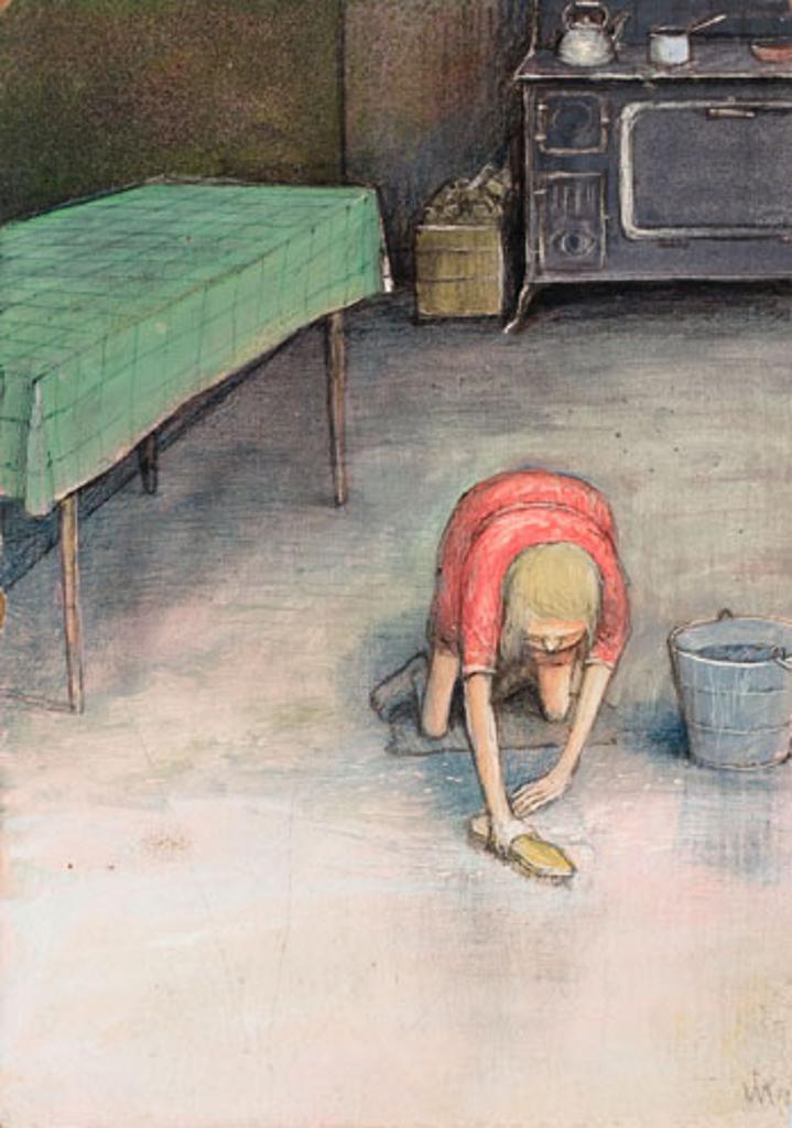 William Kurelek (1927-1977) - Skinny Girl Scrubbing Floor