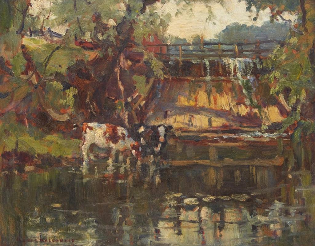 Manly Edward MacDonald (1889-1971) - Two Cows Watering Downstream of a Dam