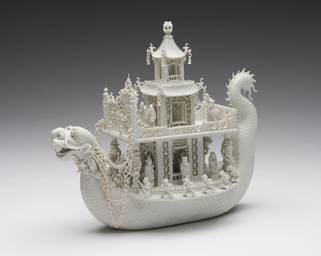 Chinese Art - A Rare and Intricate Chinese Biscuit Porcelain Model of a Dragon Boat, Signed Chen Guozhi, mid 19th Century