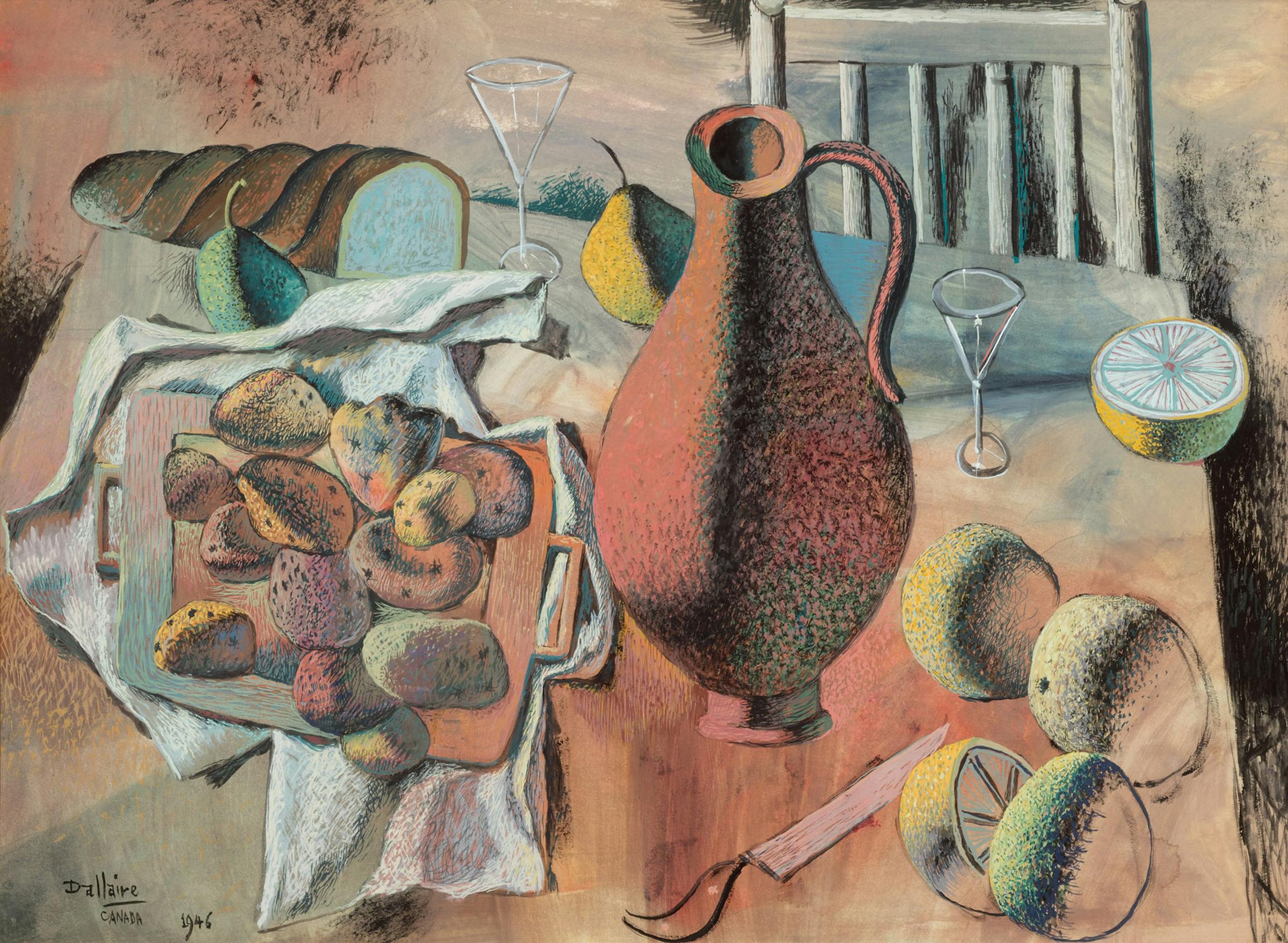 Jean-Philippe Dallaire (1916-1965) - Still Life with Bread and Fruit, 1946