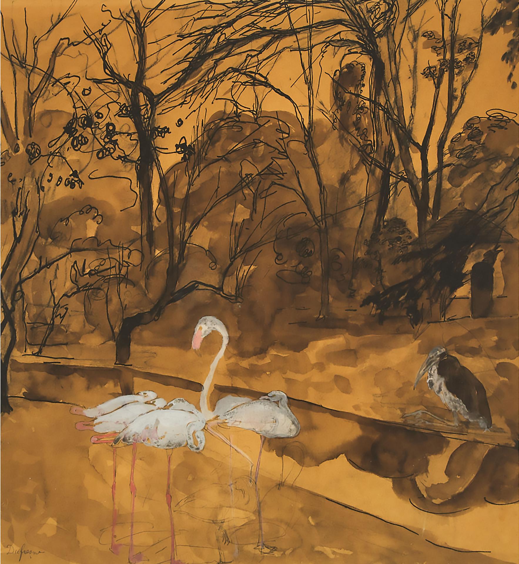 Charles George Defresne - Flamingoes And Stork By A Pool