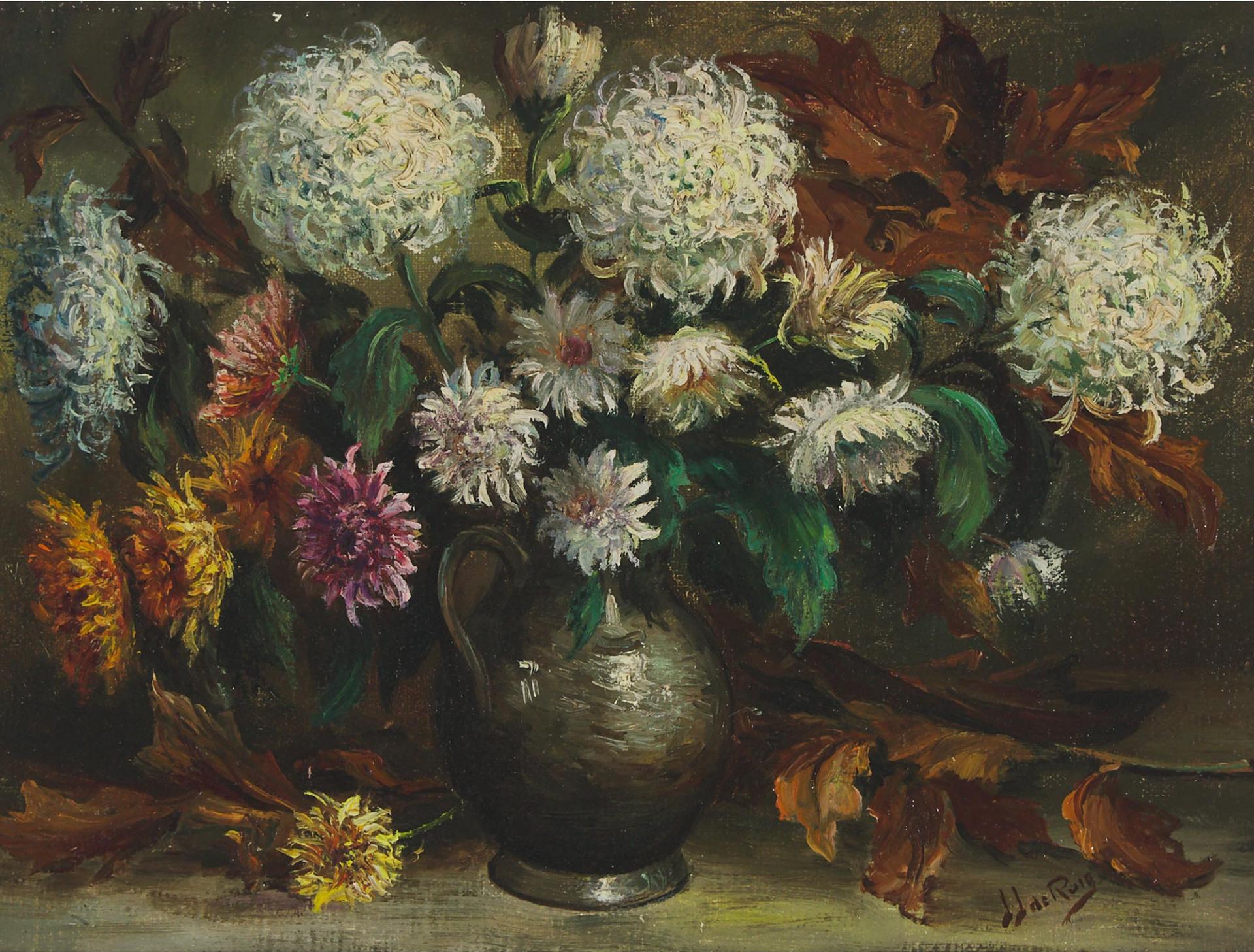 Jaap (Jacob) de Ruig (1909-1992) - Nature Morte (Chrysanthemums In A Vase), An Oil Sketch Of Flower Heads Verso