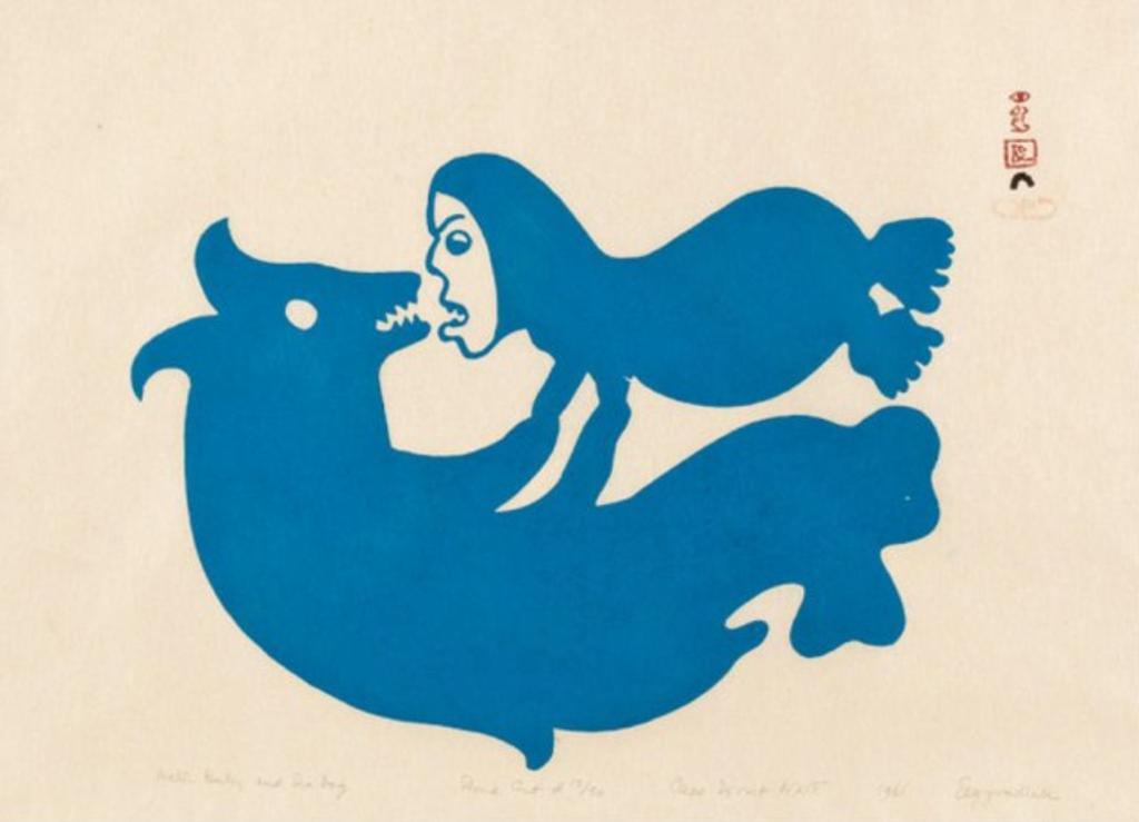 Egevadluq (Eegyvuldluk) Ragee (1920-1983) - Water Baby and Sea Dog, 1961 #36, stonecut, 13/50,