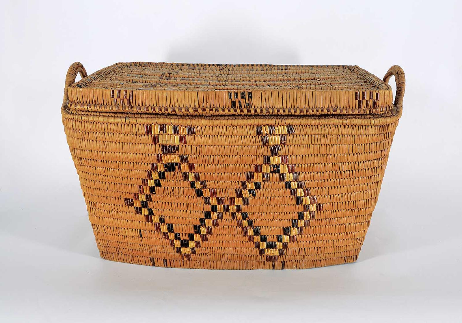 Northwest Coast First Nations School - Large Lidded Basket with Diamond Pattern and Handles