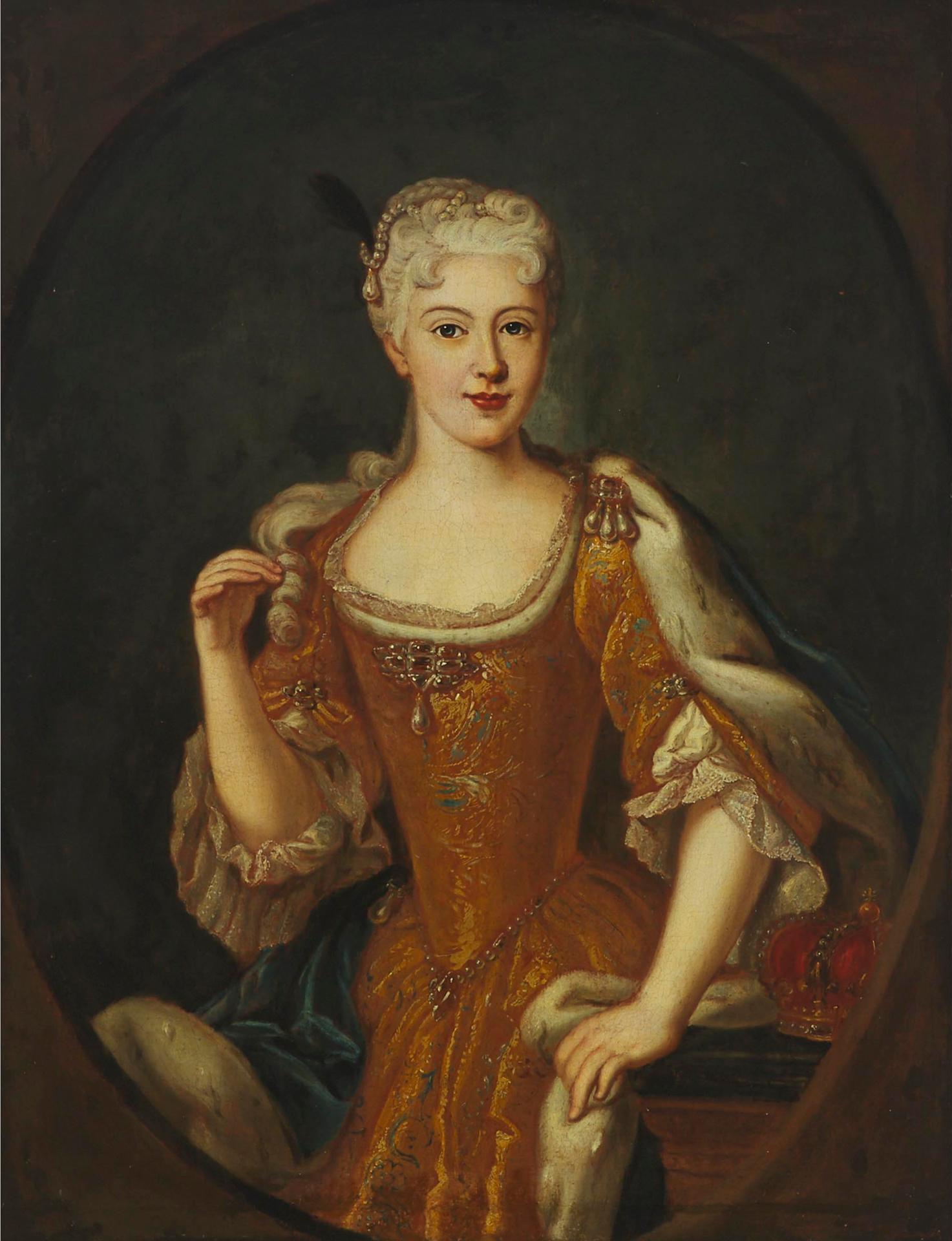 Follower of Jean-Baptiste van Loo (1684-1745) - Portrait Of Marie LeszczyŃska (1703-1768), Queen Of France, Half-Length, In A Gold Dress And An Ermine-Lined Cloak By A Ledge With Her Crown