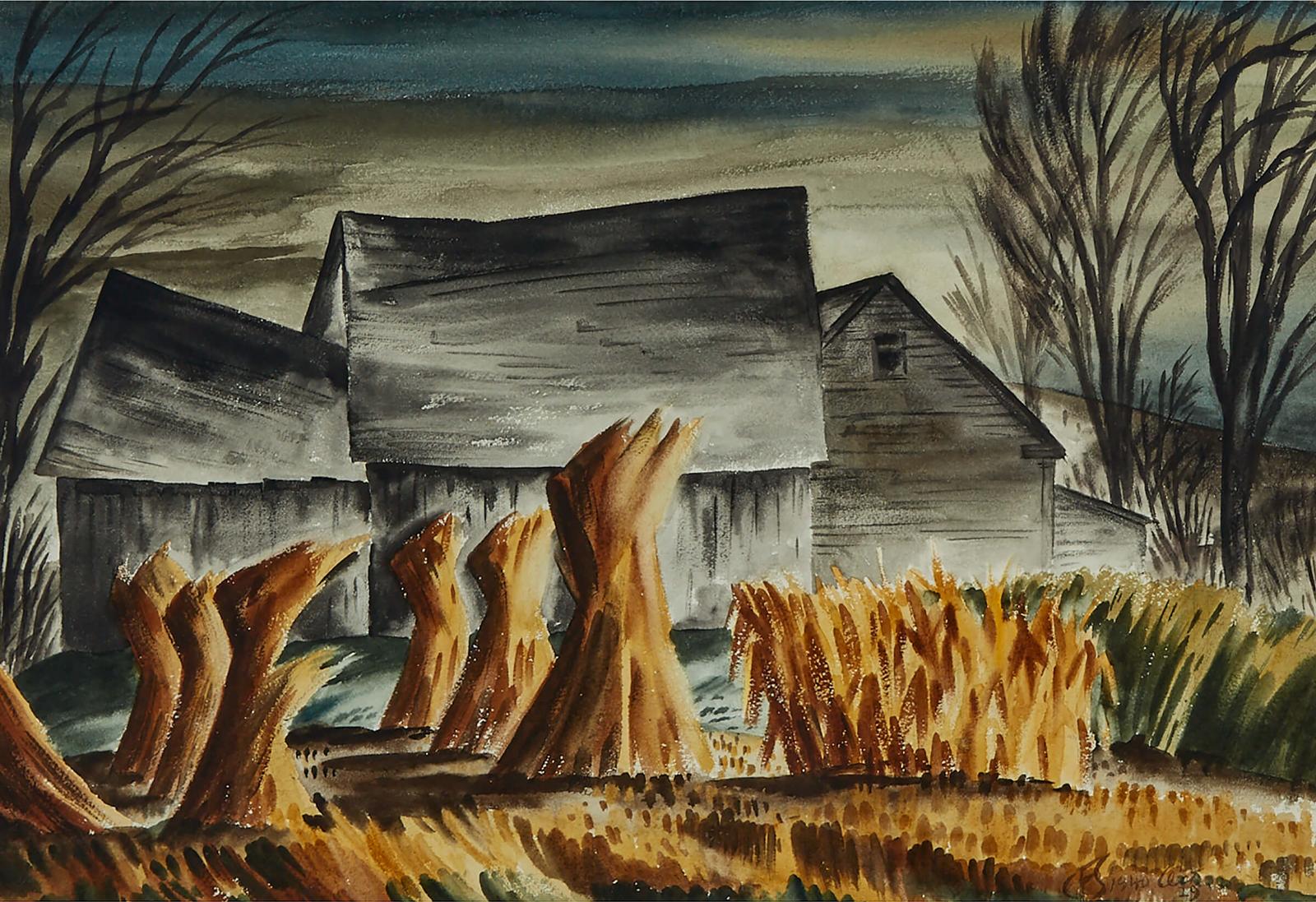 Carl Fellman Schaefer (1903-1995) - Barns With Corn Stooks