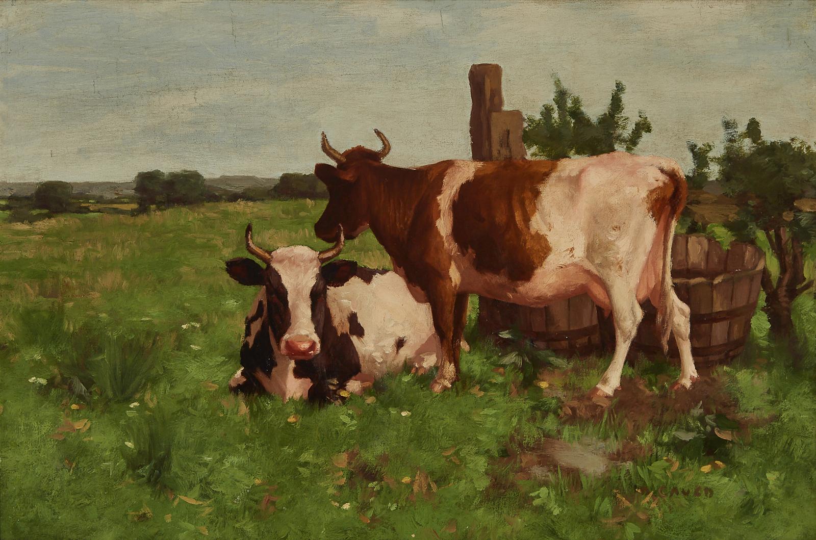 David Gauld (1865-1936) - Two Ayrshires  By A Water-Butt