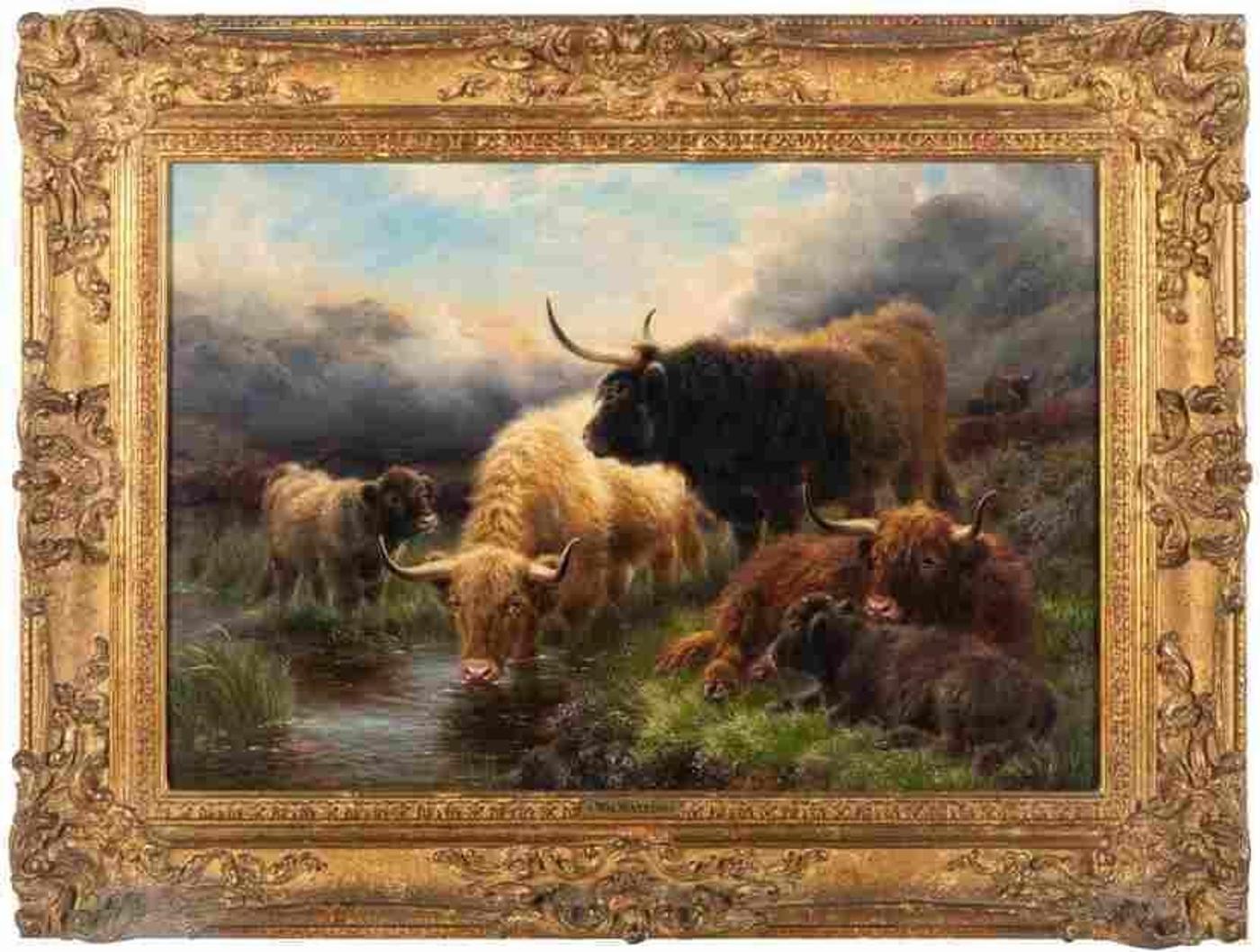 William Ralph Watson (1847-1921) - Highland Cattle by a Stream (1905)