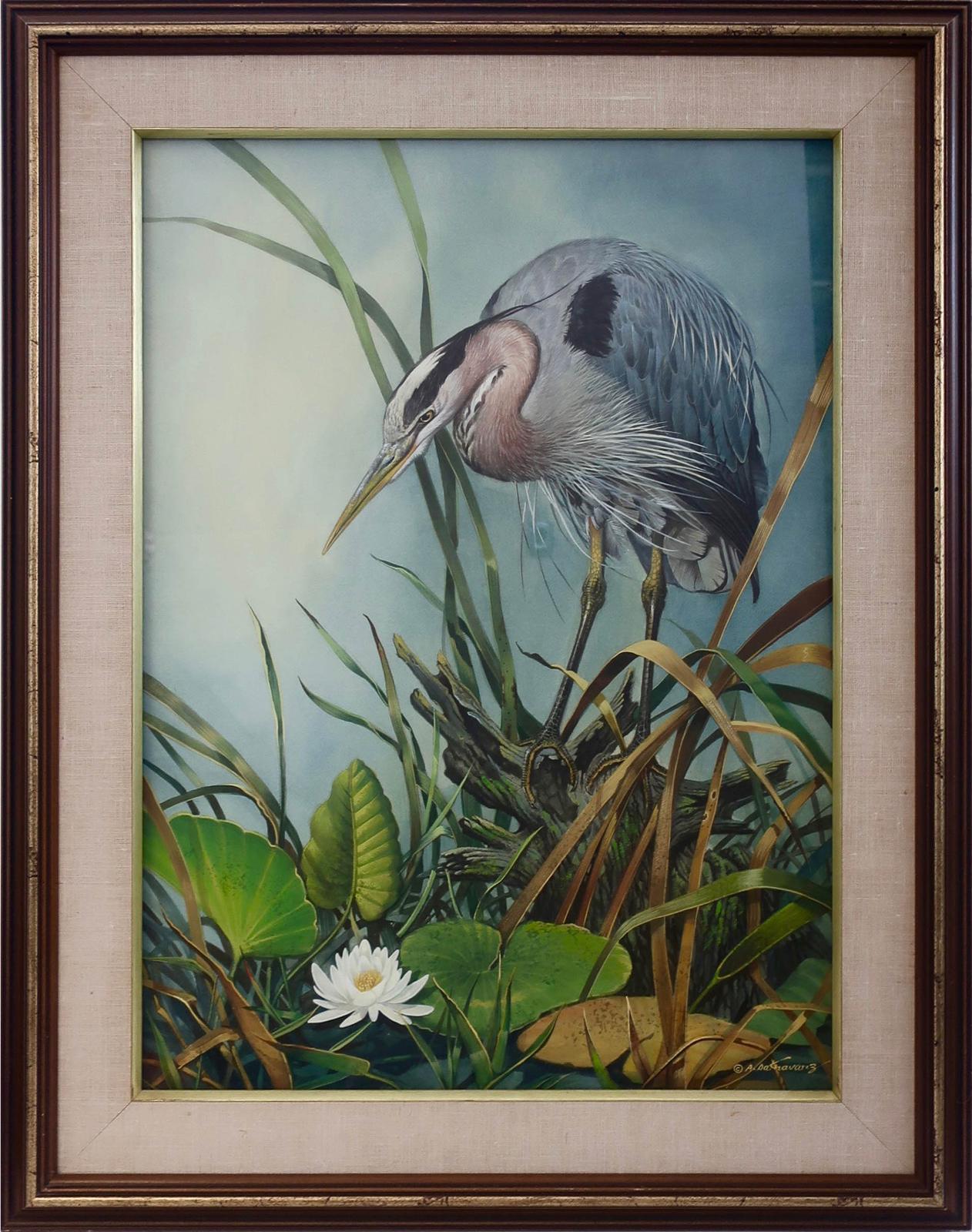 Alan Sakhavarz (1945) - Untitled (Crane In Lily Pond)