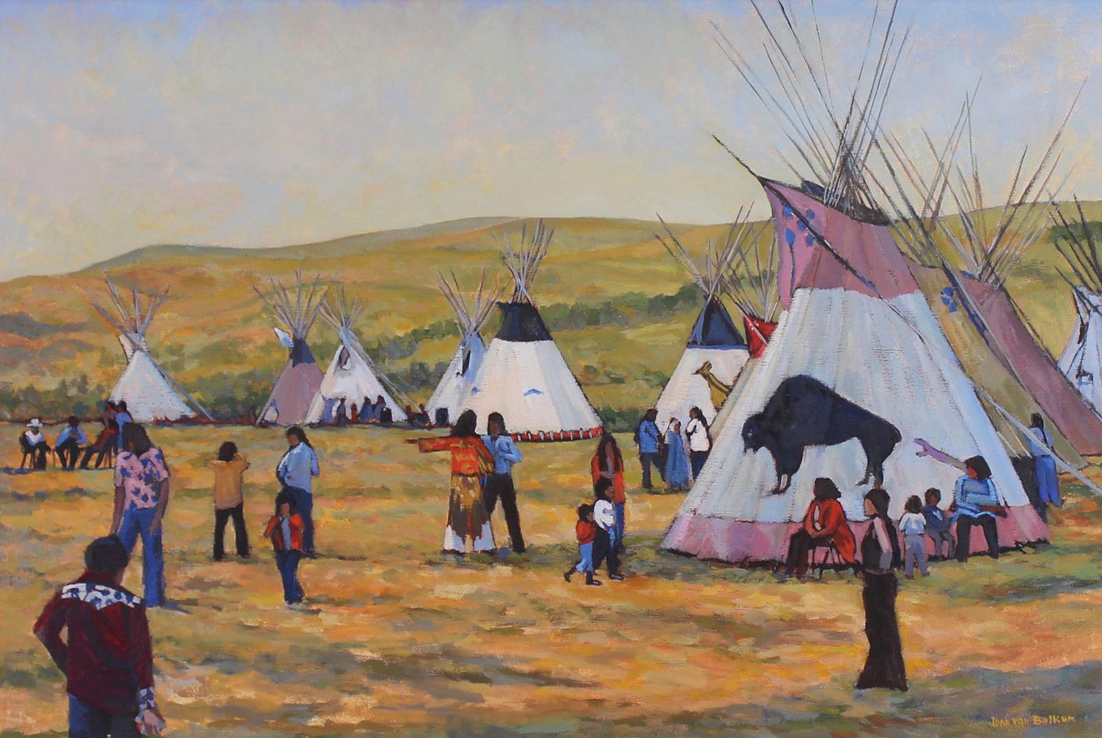 Joan Van Belkum (1928-2014) - Teepees at Blackfoot Crossing (Indians Gathered for Reenactment of Signing of Treaty No. 7, 1977)