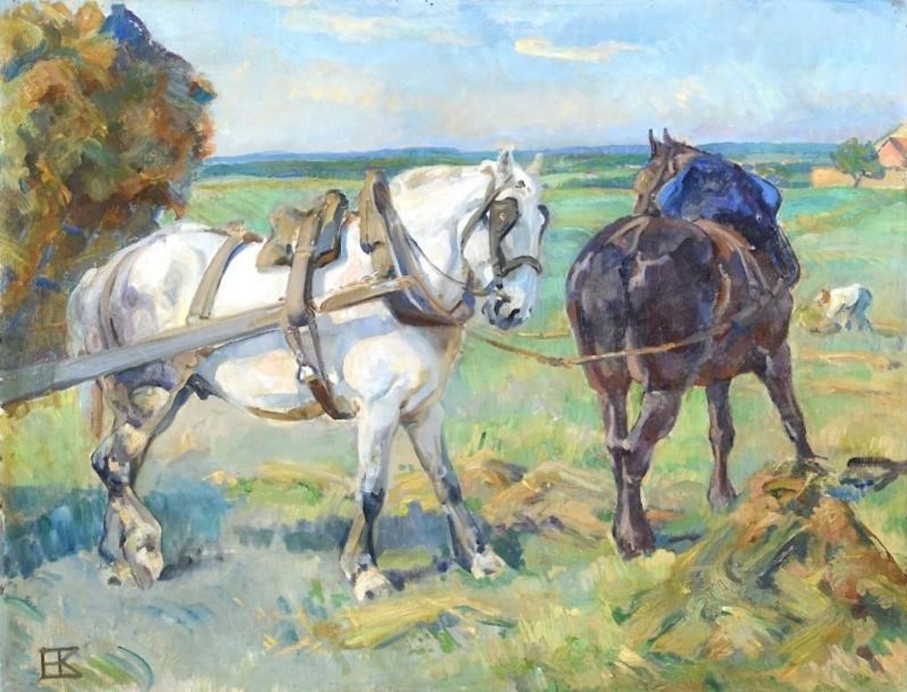 Helvig Agnete Kinch (1872-1958) - Farm Horses Pulling Hay Cart