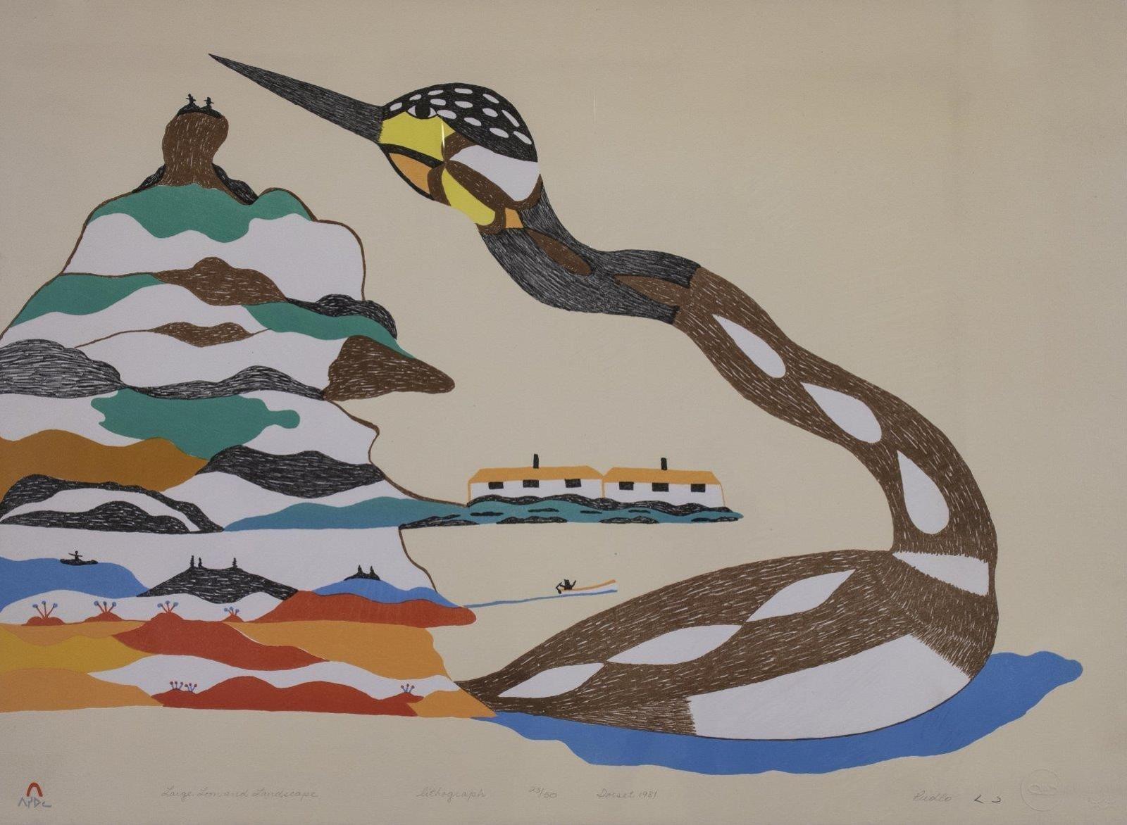 Pudlo Pudlat (1916-1992) - Large Loon And Landscape; 1981