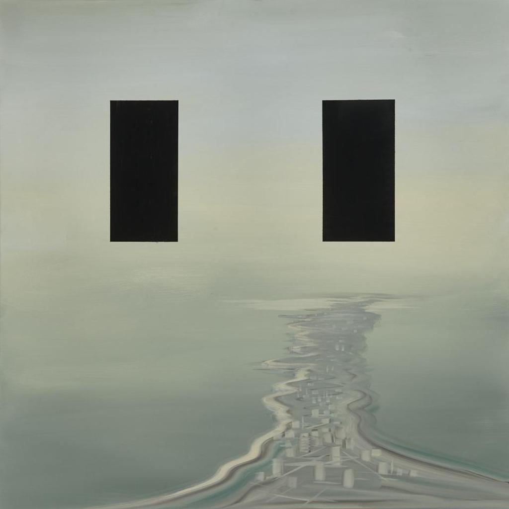 Wanda Koop (1951) - View From Here (Grey Green Landscape With Black Boxes)