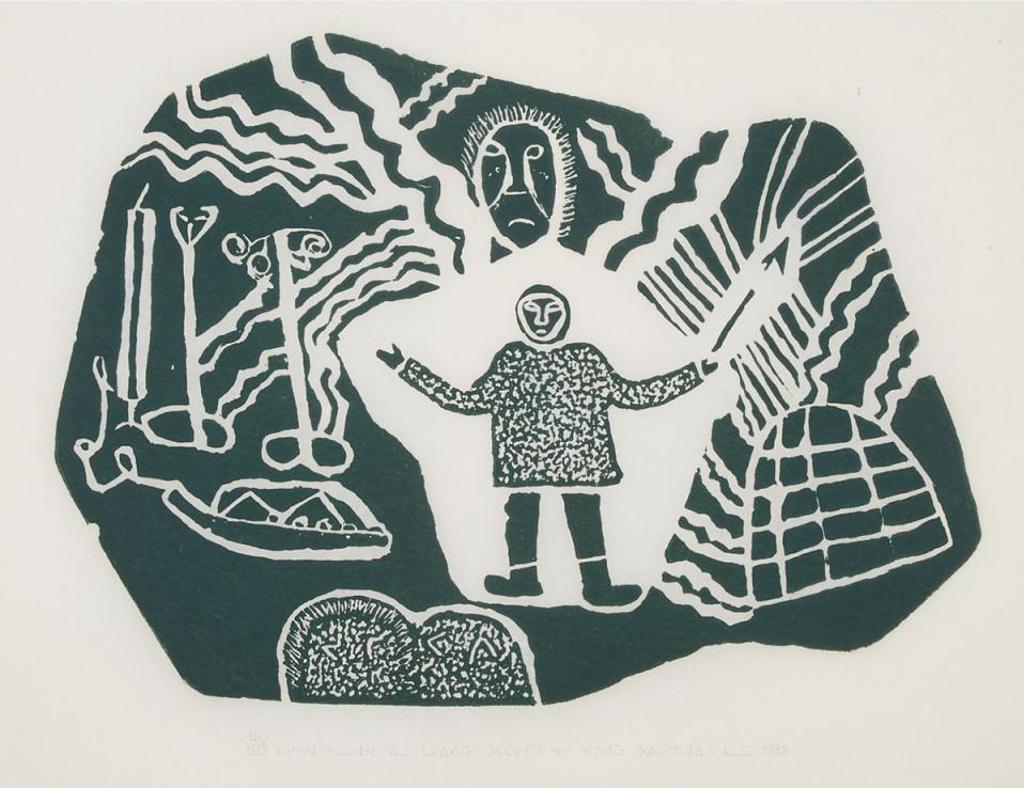 Josie Pamiutu Papialuk (1918-1996) - Man At His Hunting Ground With An Evil Spirit; While Taking A Walk He Sees Birds And Animals On The Land