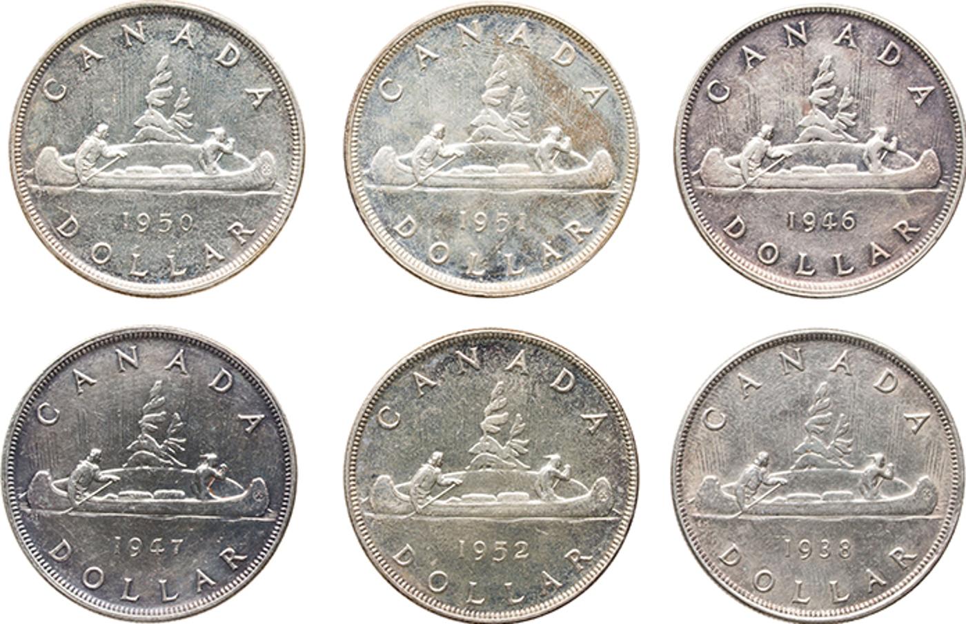 Canada - Six George VI Silver Dollars incl. 1938, 1946, and 1947
