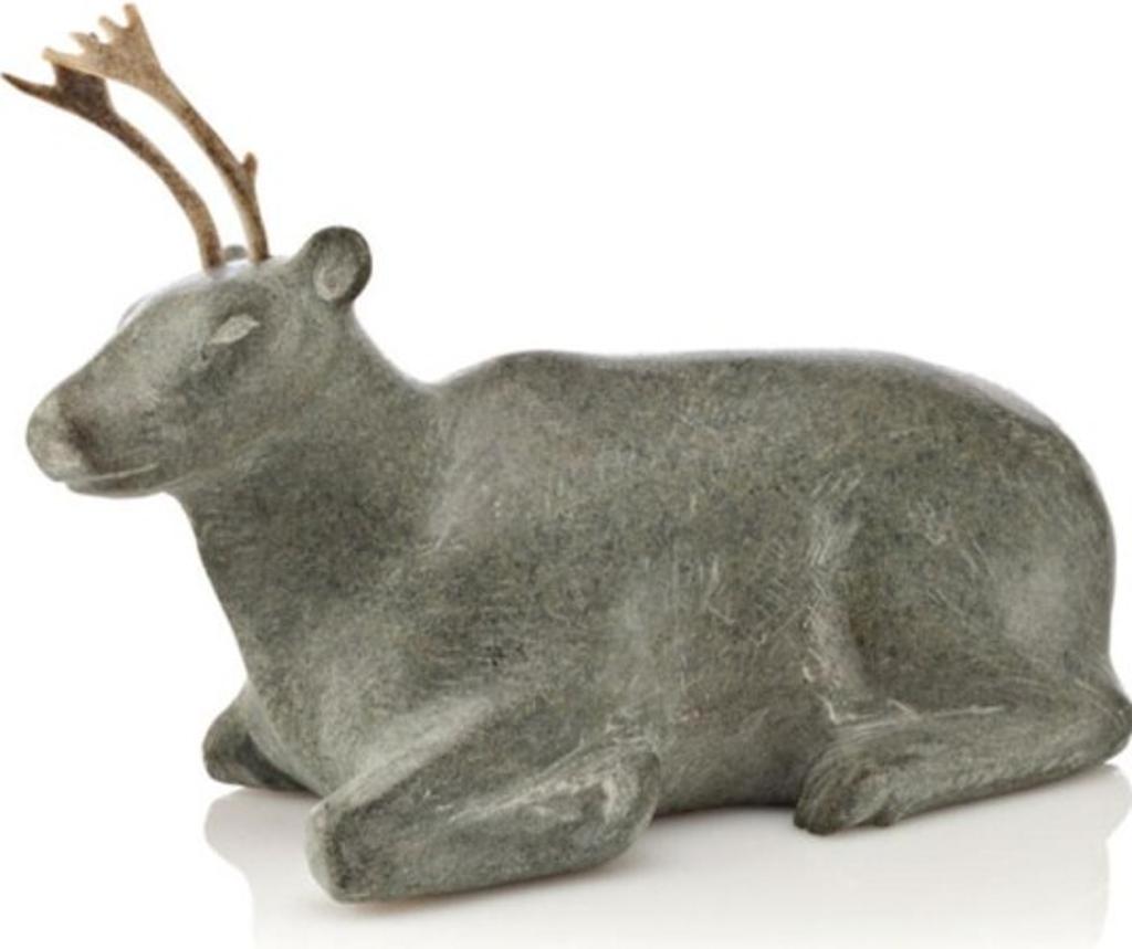 Peter Komak (1911-1984) - Resting Caribou, 1967, Light grey stone and antler