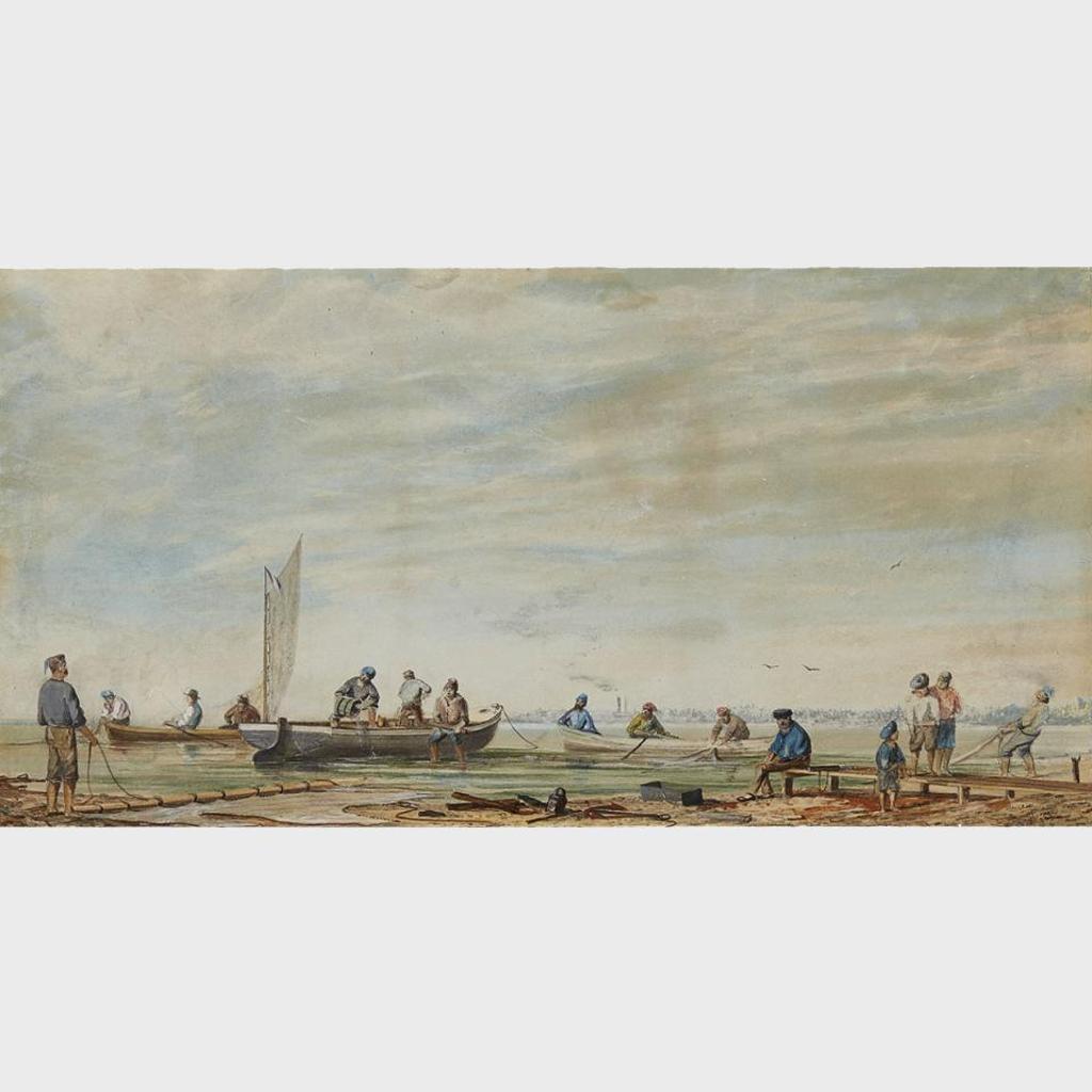 William Armstrong (1822-1914) - Hauling In The Nets, Looking Towards Toronto From The Island