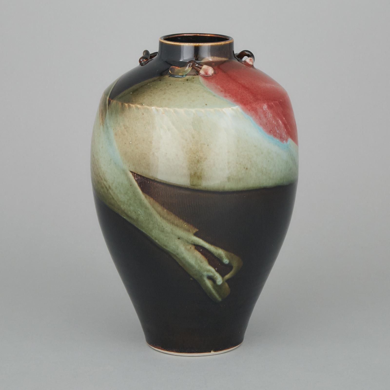 Harlan House (1943) - Celadon, Oxblood, And Brown Glazed Vase, 1992