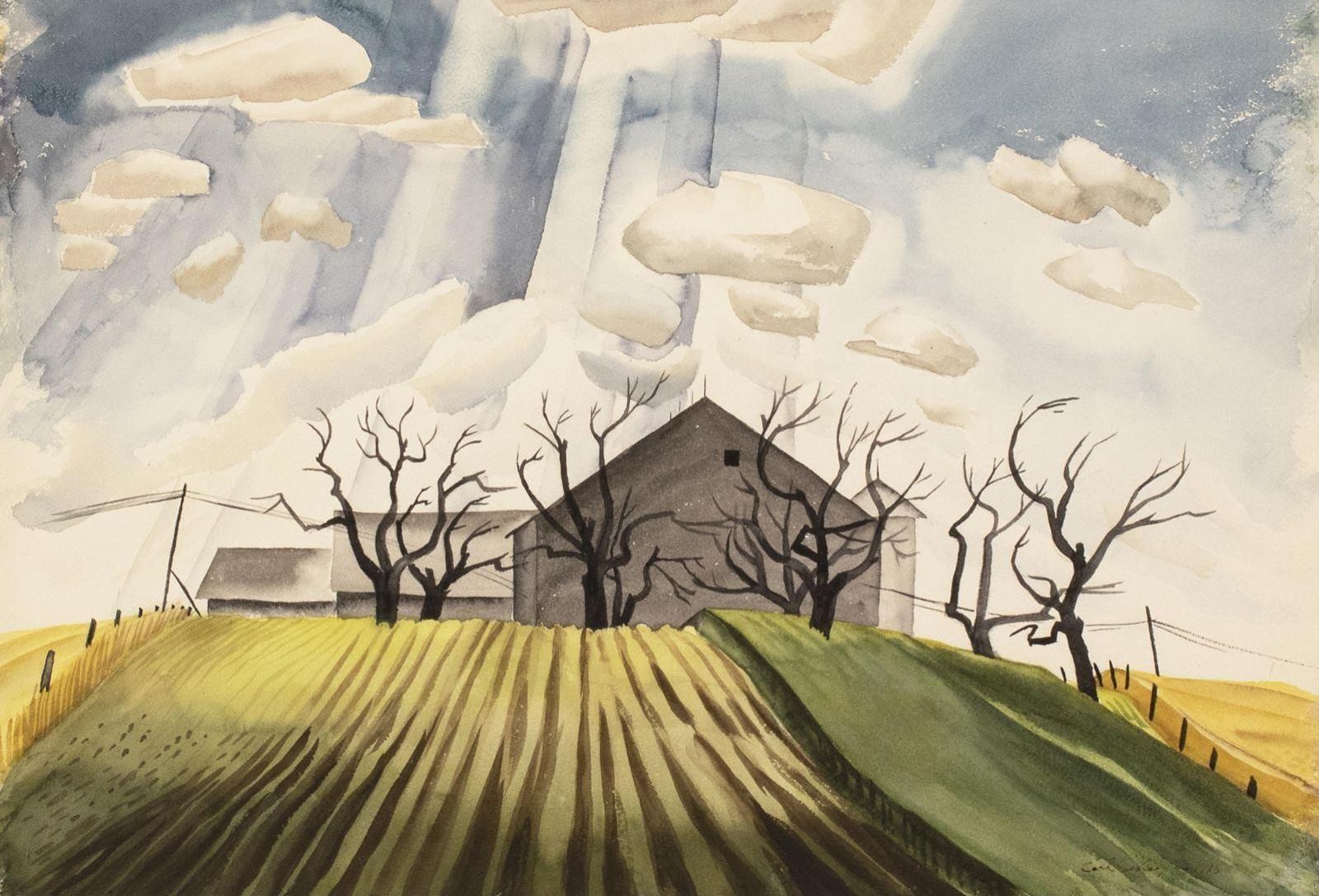 Carl Fellman Schaefer (1903-1995) - Barns And Orchard On John Voelzings Farm, Hanover; 1935