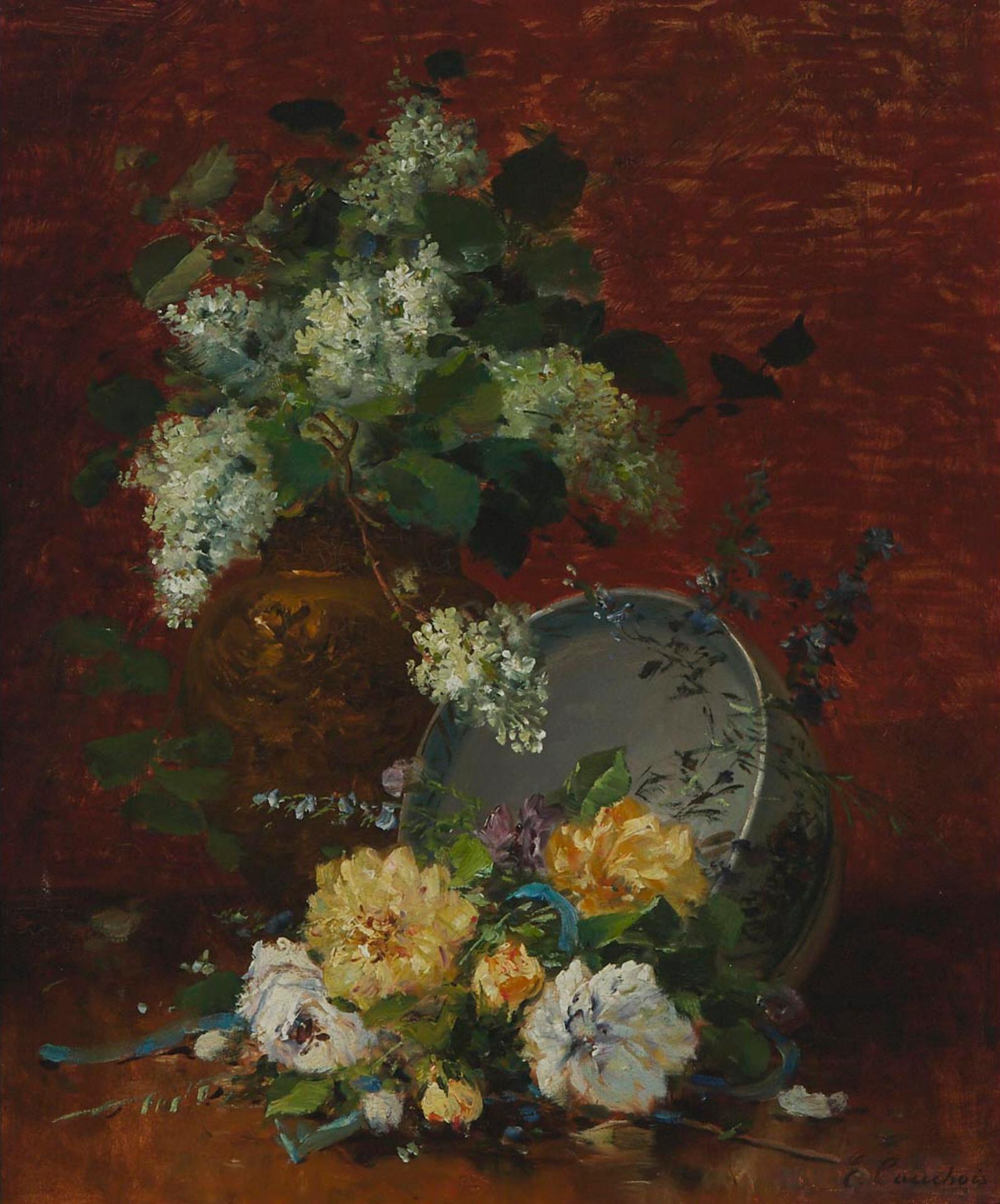 Eugene Henri Cauchois (1850-1911) - Hydrangeas And Roses
