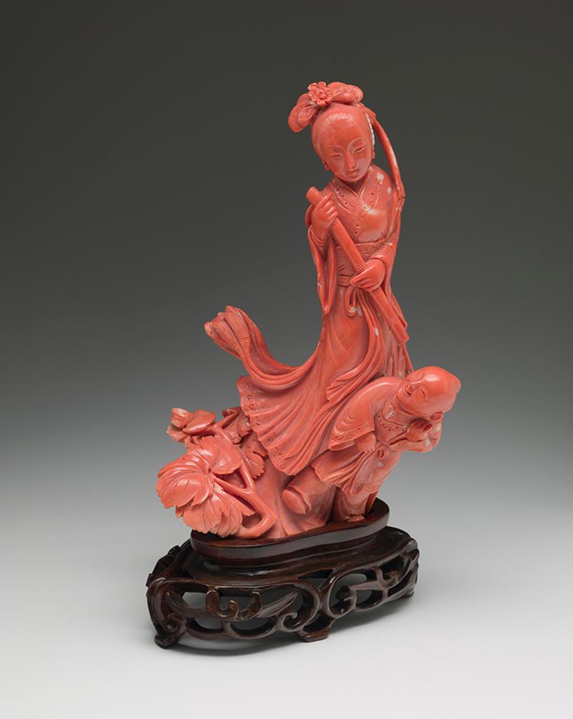 Chinese Art - A Large Coral Carved Figure of an Immortal and Child, Mid-20th Century