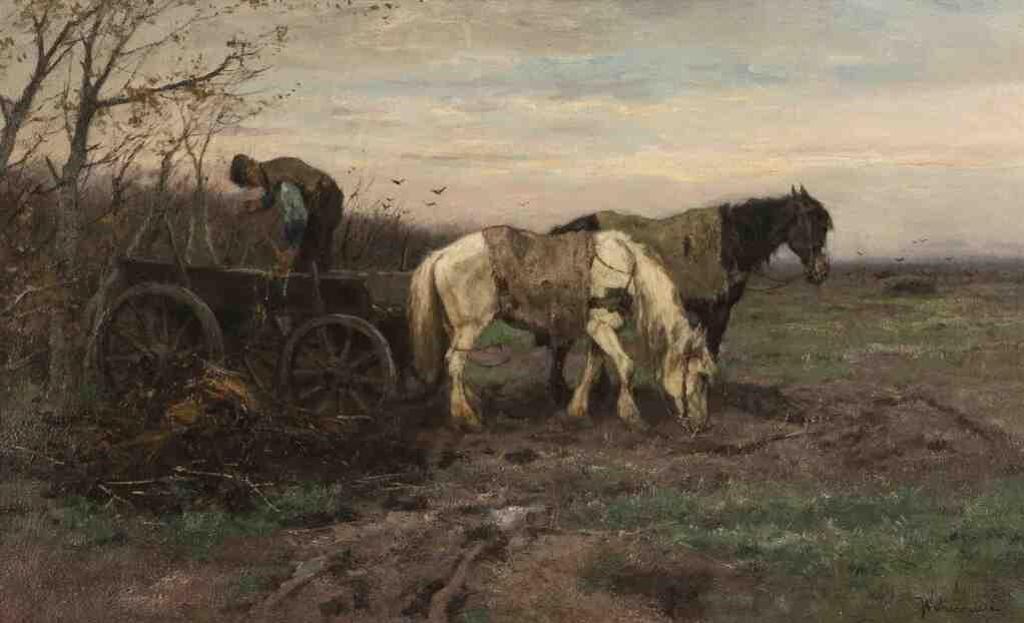 Johan F.C. Scherrewitz (1868-1951) - Untitled (Farm Wagon with Carter and Team of Horses beside a Hedge)