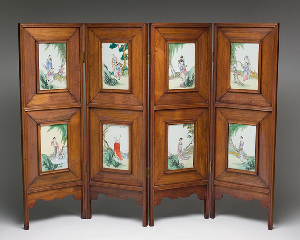 Chinese Art - A Chinese Four Panel Rosewood and Famille Rose Porcelain Inlay Table Screen, Republican Period, Circa 1920's