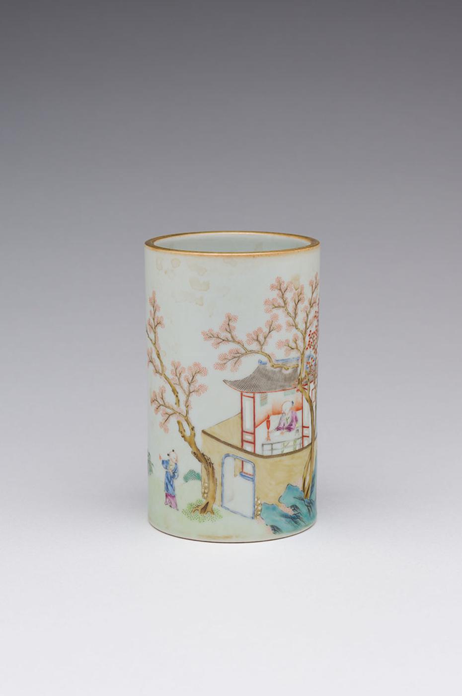 Chinese Art - A Small Chinese Famille Rose 'Scholar and Attendant' Brushpot, Daoguang Mark and Period (1821-1850)