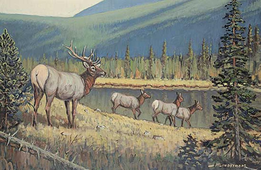 Matt Lindstrom (1890-1975) - Untitled - Elk by the Lake