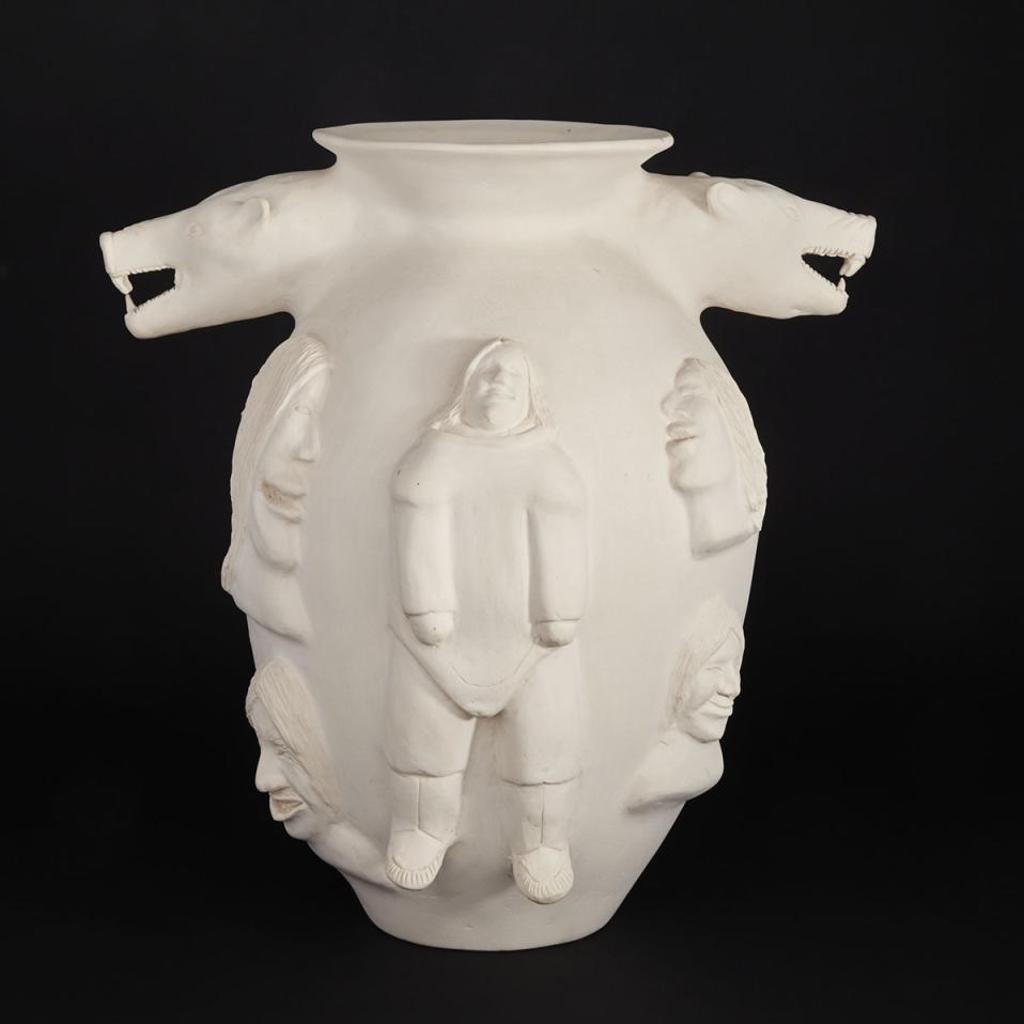 Laurent Aksadjuak (1935-2002) - Large Vase With Polar Bear Head Handles And Decorated With Figures And Faces In Relief