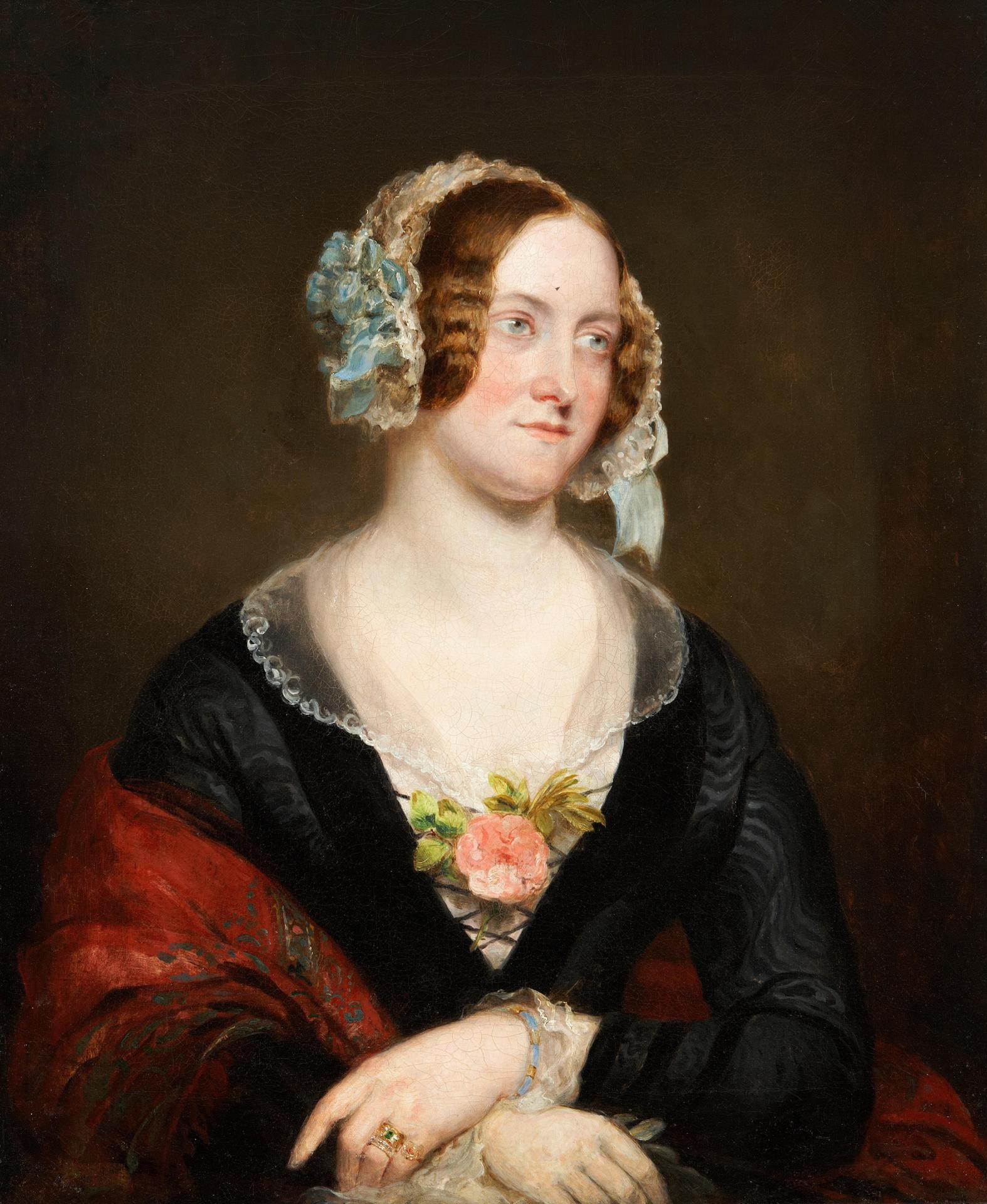 Continental School - Portrait of a lady, said to be Jenny Lind, 'the Swedish Nightingale' half length, in a black dress with a pink rose in her corsage.