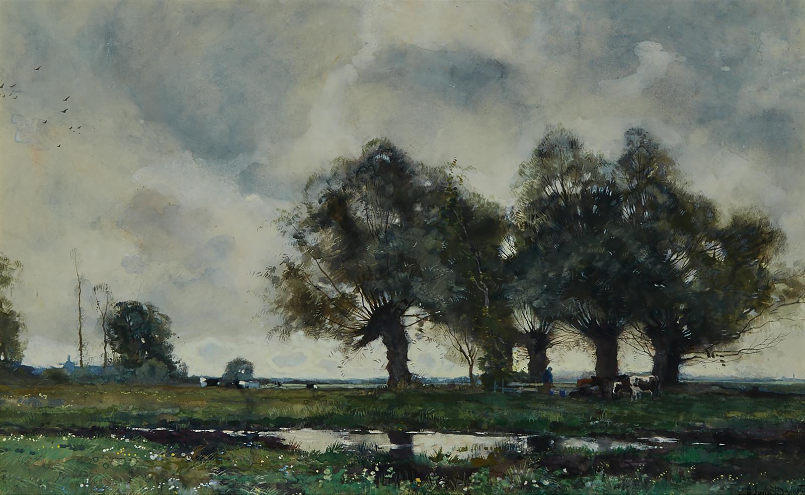 Arend Jan Van Driesten (1878-1969) - Stormy Weather (Woman Tending Cows In An Extensive Polder Landscape)