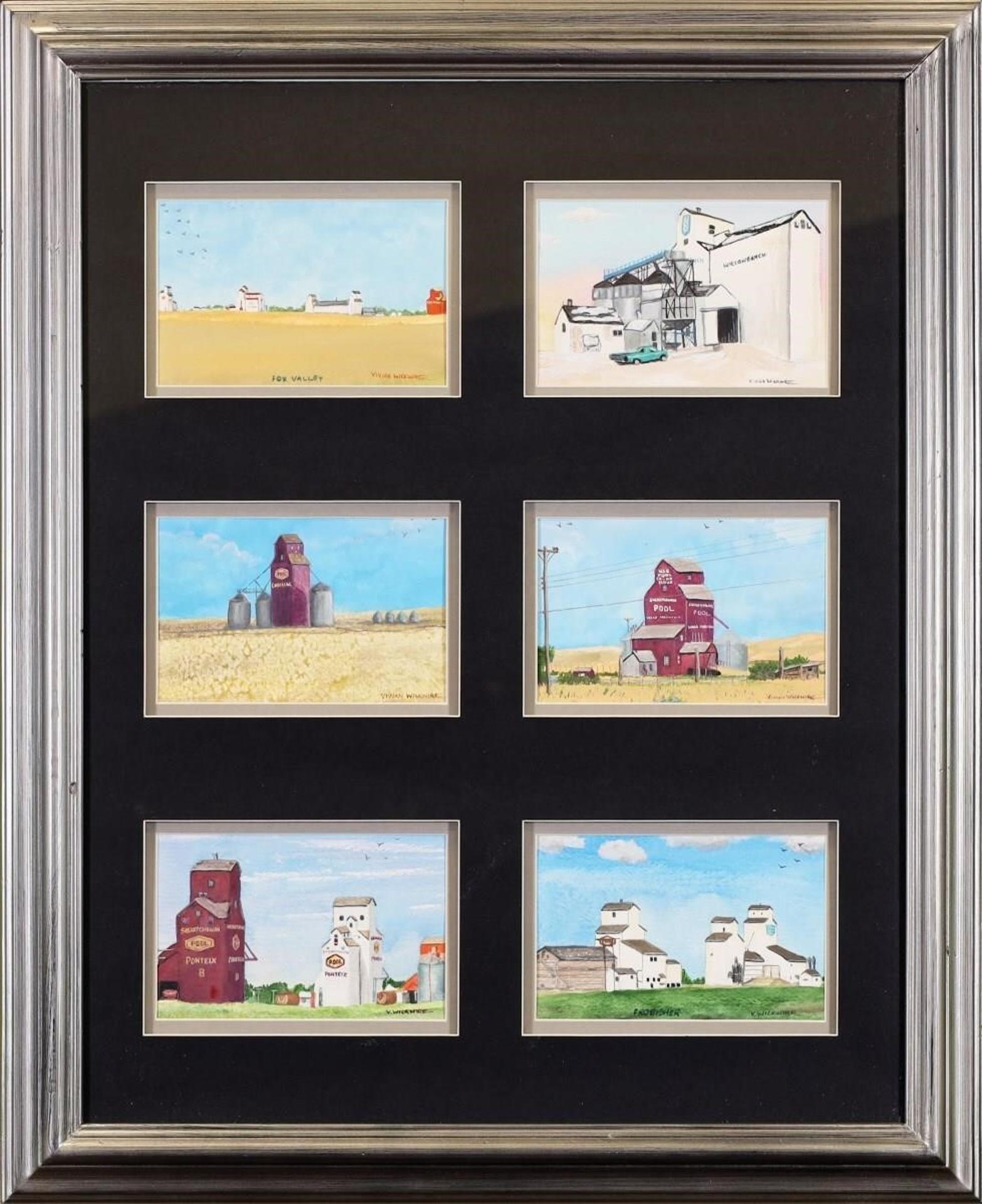 Vivian Wickwire - Untitled, Prairie Scenes with Grain Elevators (Fox Valley, Willow Bunch, Cadillac, Wood Mountain, Ponteix, Frobisher)